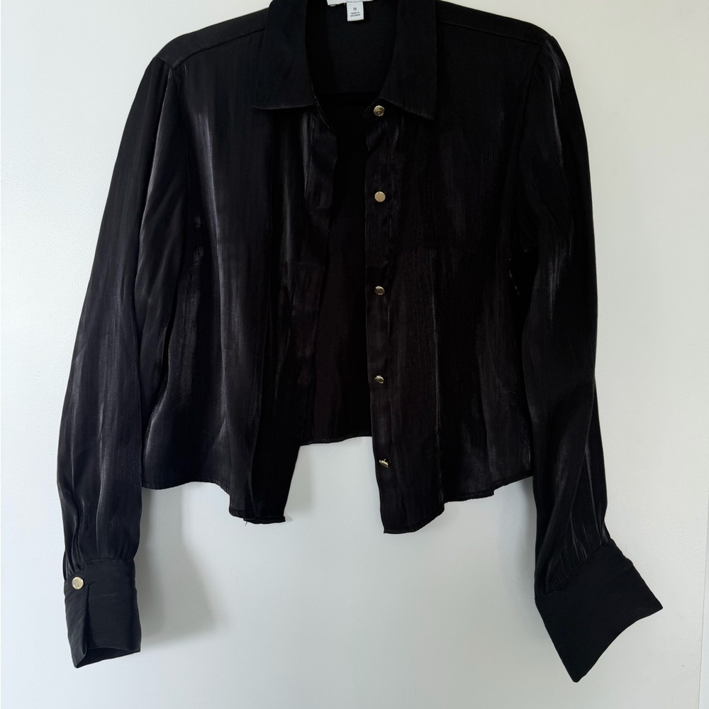 Black Long-Sleeve Button Front Women's Cropped Blouse